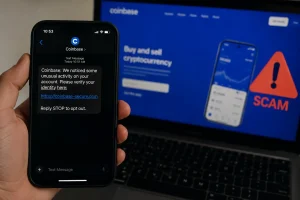 Phone screen showing a fake Coinbase text message scam alert